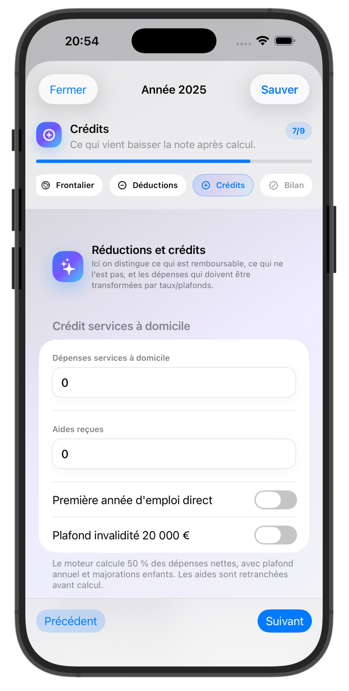 Configuration des crédits dans TonImpôt